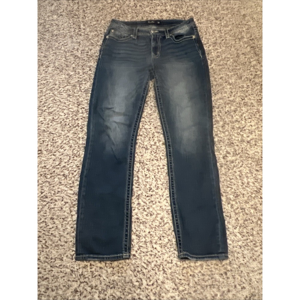 Miss Me Angel Wing Mid Rise Rhinestone Flap Straight LegJeans SZ 30, 30" Inseam